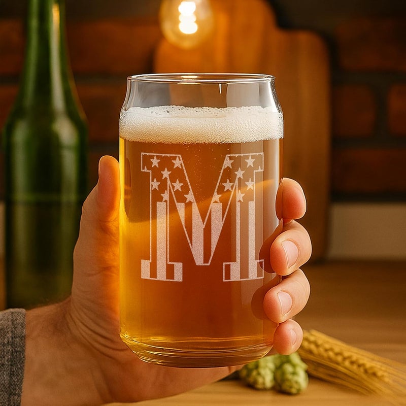 On The Rox Monogram Beer Glasses for Men (A-Z) 16 oz - Beer Gifts for Men Brother Son Dad Neighbor - Unique Gifts for Him - Personalized Drinking Gift Beer Glass Mugs - Engraved Beer Can Glass (M) - Image 2