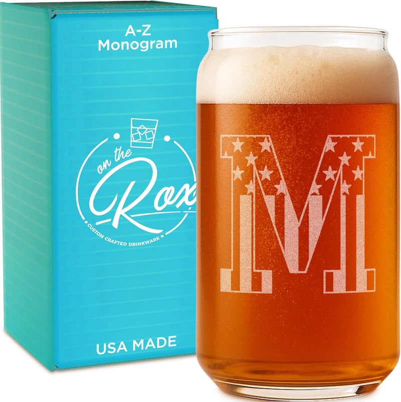 On The Rox Monogram Beer Glasses for Men (A-Z) 16 oz - Beer Gifts for Men Brother Son Dad Neighbor - Unique Gifts for Him - Personalized Drinking Gift Beer Glass Mugs - Engraved Beer Can Glass (M) - Image 1