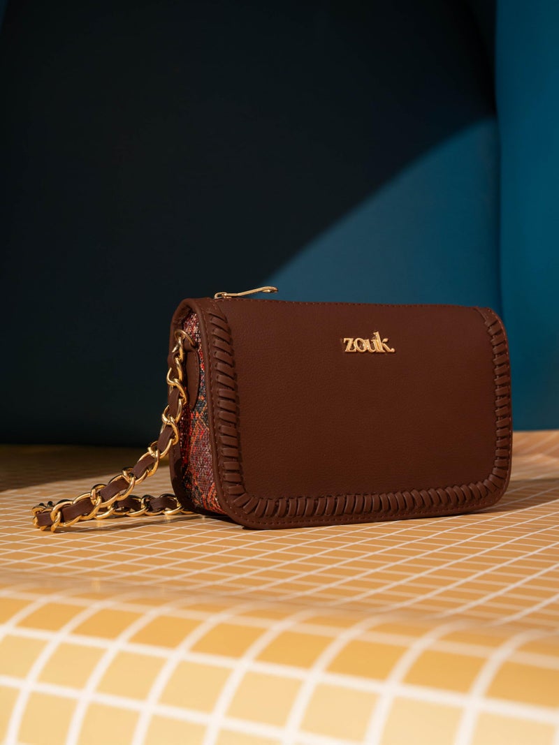 ZOUK Small Shoulder Bag Bag for Women | Stylish Vegan Leather Shoulder Bag with Gold Chain Handle | Water-Resistant | Chic & Handcrafted Purse | Bhuj Rabari - Image 3