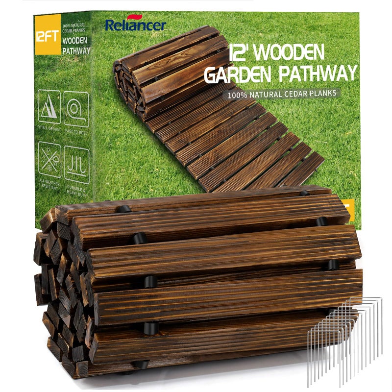 RELIANCER 12' Wooden Garden Pathway,Outdoor Roll Out Cedar Straight Walkway,Patio Path Decorative Garden Boardwalk Walkways,Weather-Resistant Roll Up Beach Wood Road Floor,Wedding Party Pathwaysc - Image 1