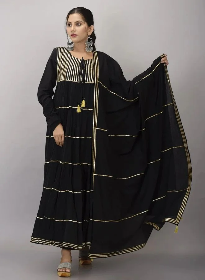 ZERESOUQ Midnight Black Flared Maxi Dress With Dupatta