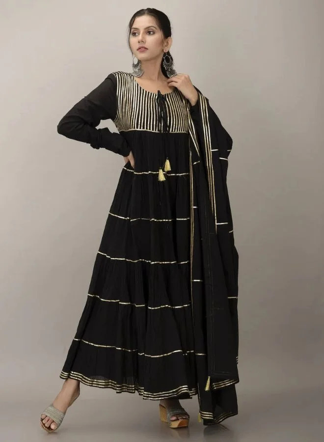 ZERESOUQ Midnight Black Flared Maxi Dress With Dupatta