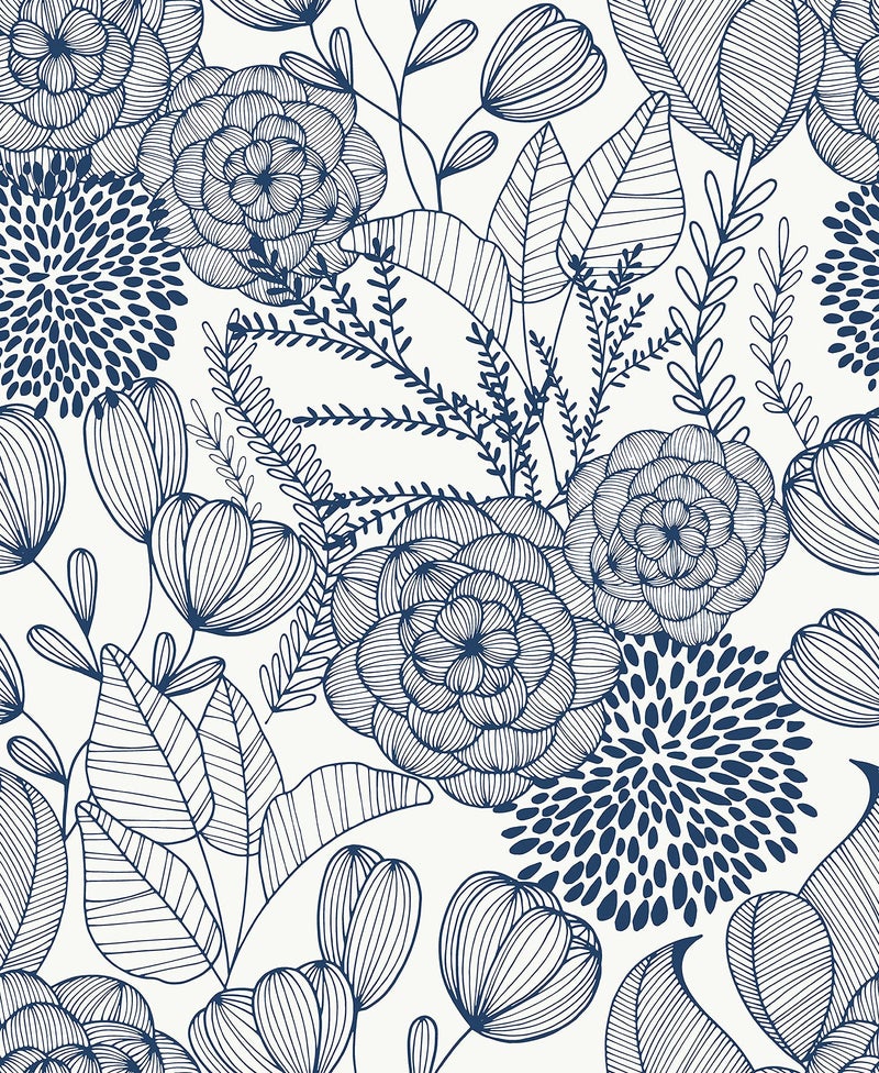 NuWallpaper NUS3830 Navy Secret Garden Peel Stick Wallpaper Blue