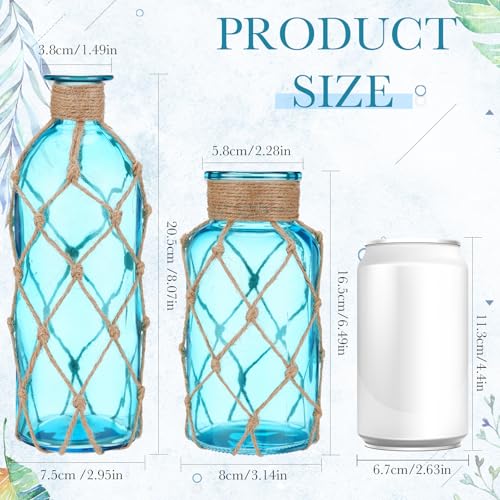 Chuangdi Set of 2 Coastal Glass Vases for Flowers TSITP Flower Vase with Boho Rope Small Sea Glass Jar Nautical Beach Bottle for Wedding Table Centerpieces Floral Arrangement DecorAqua Blue - Image 3