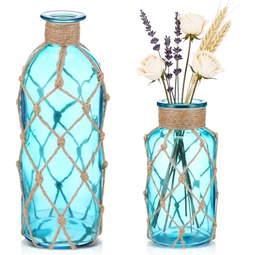 Chuangdi Set of 2 Coastal Glass Vases for Flowers TSITP Flower Vase with Boho Rope Small Sea Glass Jar Nautical Beach Bottle for Wedding Table Centerpieces Floral Arrangement DecorAqua Blue - Image 1