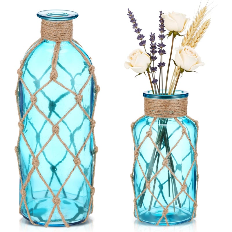 Chuangdi Set of 2 Coastal Glass Vases for Flowers TSITP Flower Vase with Boho Rope Small Sea Glass Jar Nautical Beach Bottle for Wedding Table Centerpieces Floral Arrangement DecorAqua Blue - Image 2