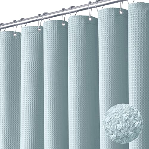 Dynamene Fog Blue Fabric Shower Curtain for Bathroom- Waffle Weave Textured Heavy Duty Cloth , 256GSM Hotel Luxury Weighted Bath Curtain Set with 12 Plastic Hooks,72x72, Fog Blue - Image 1