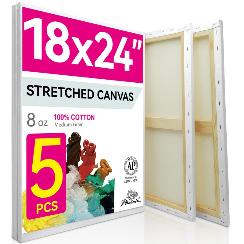 PHOENIX Large Stretched Canvas for Painting 18x24 Inch/5 Value Pack, 8 Oz Triple Primed 5/8 Inch Profile 100% Cotton White Blank Canvas, Framed Canvas for Oil Acrylic & Pouring Art - Image 1