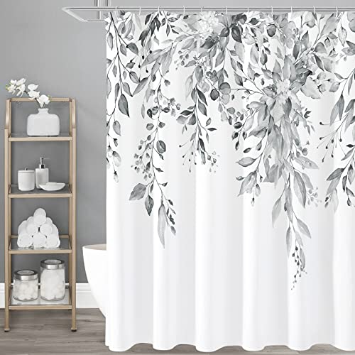 Gibelle Grey Eucalyptus Shower Curtain Watercolor Plant Leaves with Floral Bathroom Shower Curtain Set with Hooks Gray White 72x72