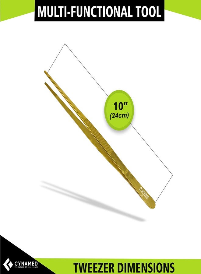 Cynamed 10” Kitchen Premium Tongs Tweezers Stainless Steel, Long with Precision Serrated Tips (Gold) - Image 4