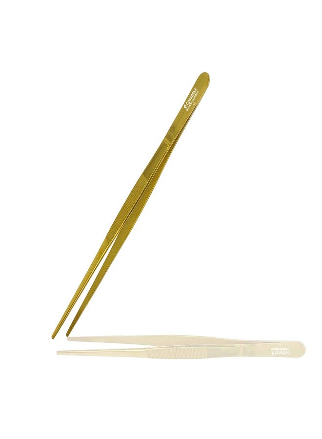 Cynamed 10” Kitchen Premium Tongs Tweezers Stainless Steel, Long with Precision Serrated Tips (Gold) - Image 1