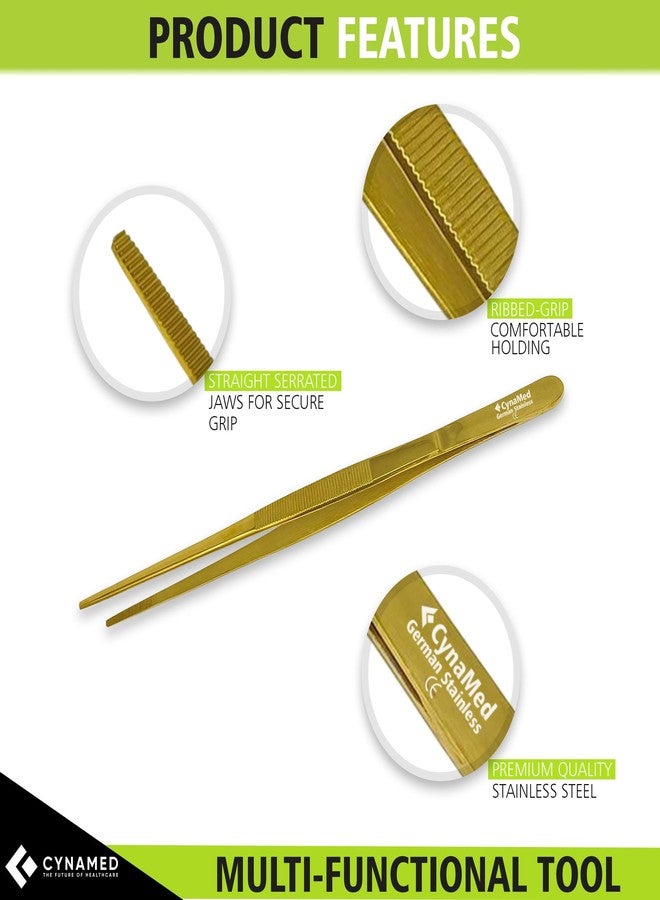 Cynamed 10” Kitchen Premium Tongs Tweezers Stainless Steel, Long with Precision Serrated Tips (Gold) - Image 2