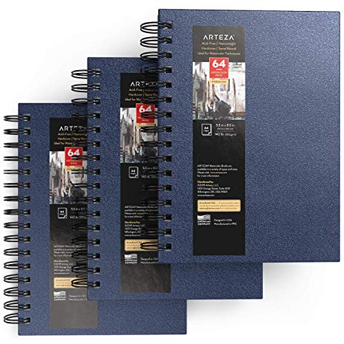 ARTEZA Watercolor Sketchbook Set3Pack64 Pages per Book55 x 85 InchesBlue Hardcover Spiral Notebooks140Pound Premium Watercolor Paper for Artists - Image 3