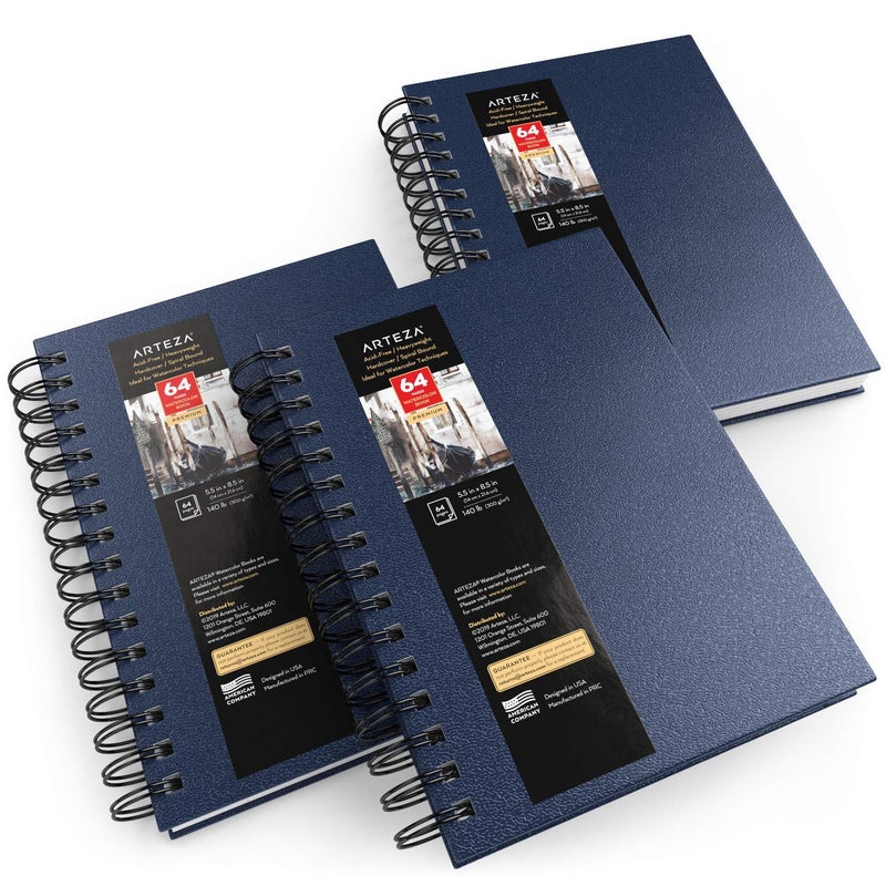ARTEZA Watercolor Sketchbook Set3Pack64 Pages per Book55 x 85 InchesBlue Hardcover Spiral Notebooks140Pound Premium Watercolor Paper for Artists - Image 2
