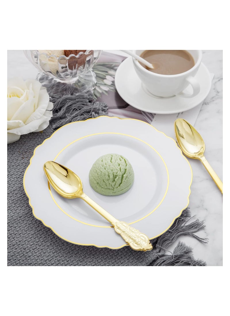 SYOSI - Gold Plastic Spoons Disposable, 25Pcs Dessert Spoon, 6.93 Inch Baroque Gold Plastic Silverware for Dessert Cake, Heavy Duty Plastic Spoons for Party, Wedding, Gorgeous Design Gold Spoons - Image 1