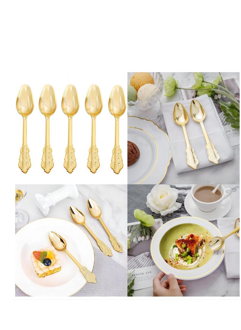 SYOSI - Gold Plastic Spoons Disposable, 25Pcs Dessert Spoon, 6.93 Inch Baroque Gold Plastic Silverware for Dessert Cake, Heavy Duty Plastic Spoons for Party, Wedding, Gorgeous Design Gold Spoons - Image 1