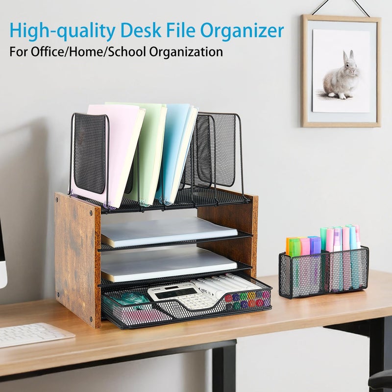 OPNICE Desk Organizer, 4-Tier Desktop File Organizer with Drawer and 2 Pen Holders, Office Desk Accessories, Workspace Organizers for Office Supplies(Brown Wood) - Image 2