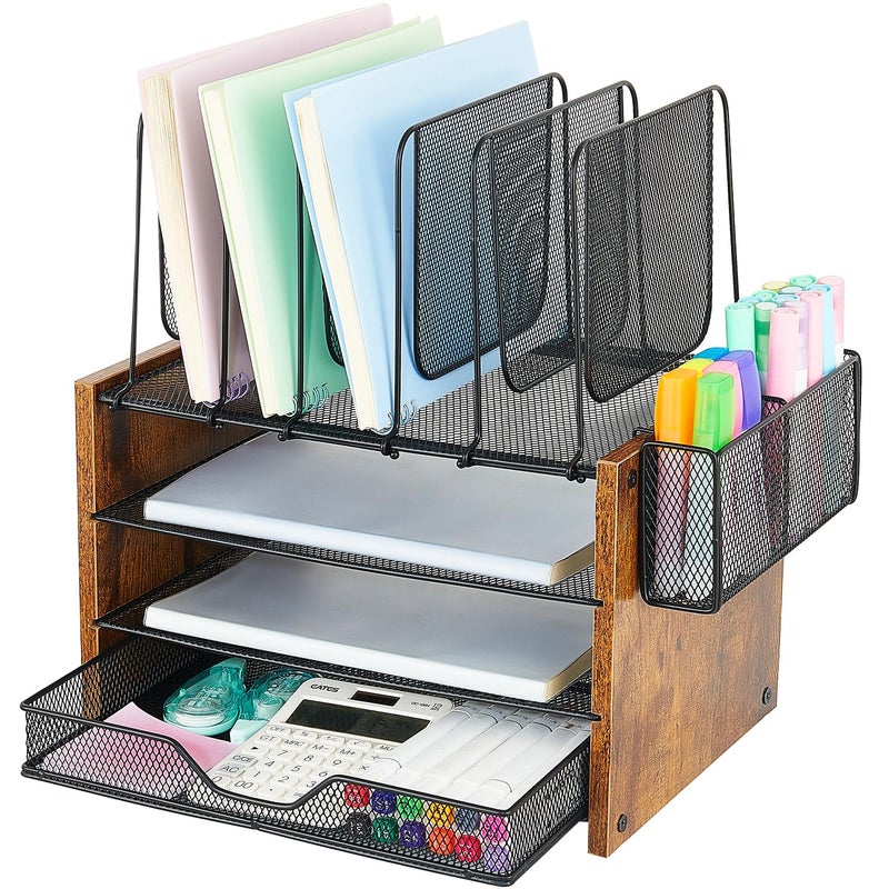 OPNICE Desk Organizer, 4-Tier Desktop File Organizer with Drawer and 2 Pen Holders, Office Desk Accessories, Workspace Organizers for Office Supplies(Brown Wood) - Image 1