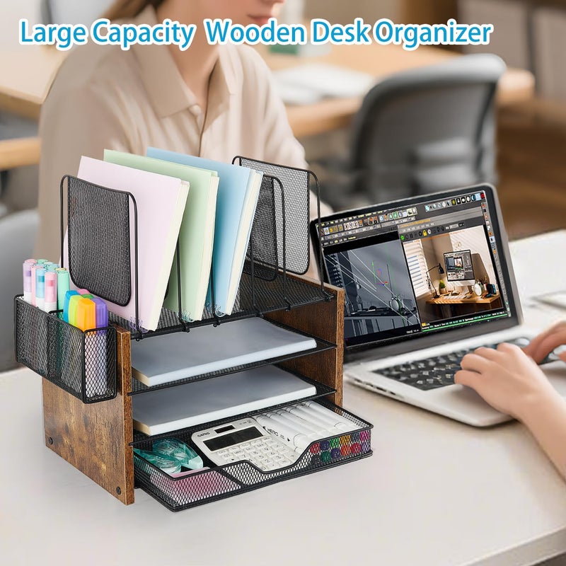 OPNICE Desk Organizer, 4-Tier Desktop File Organizer with Drawer and 2 Pen Holders, Office Desk Accessories, Workspace Organizers for Office Supplies(Brown Wood) - Image 4