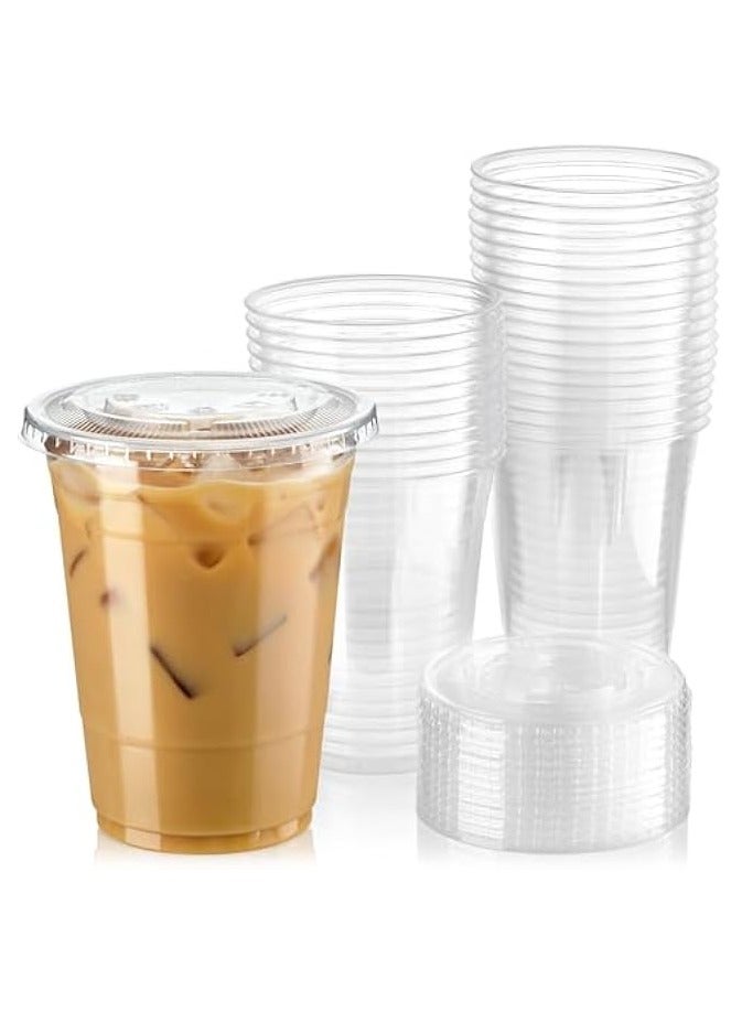 جرين تايجر [50 عبوة] أكواب بلاستيكية شفافة بأغطية مسطحة سعة 16 أونصة، فناجين قهوة مثلجة للاستعمال مرة واحدة، كوب سموثي كريستال ممتاز خالٍ من مادة BPA للحفلات - Image 1