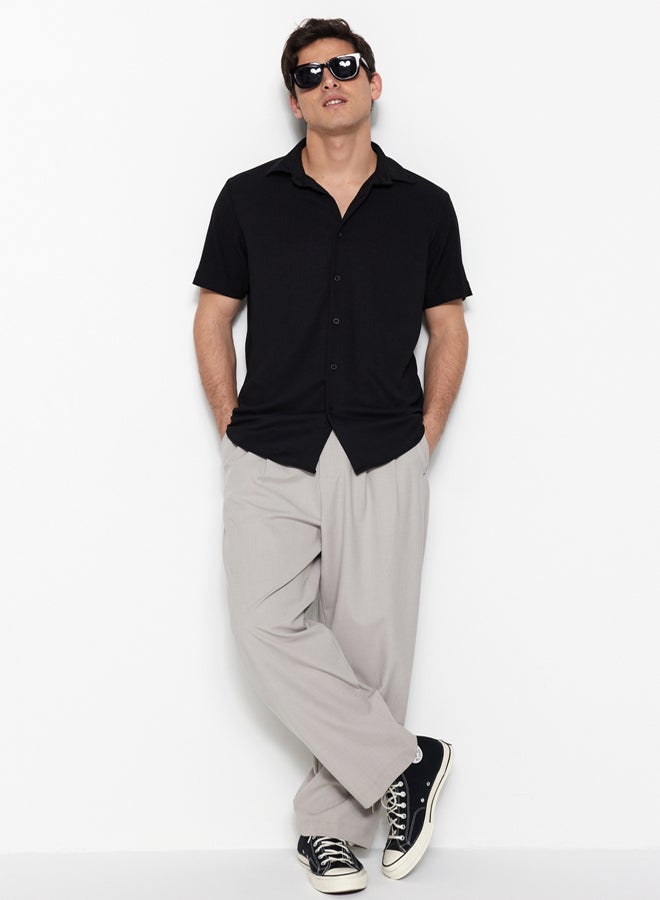 trendyol Black Regular Fit Short Sleeve Summer Textured Crepe Knit Shirt - Image 1