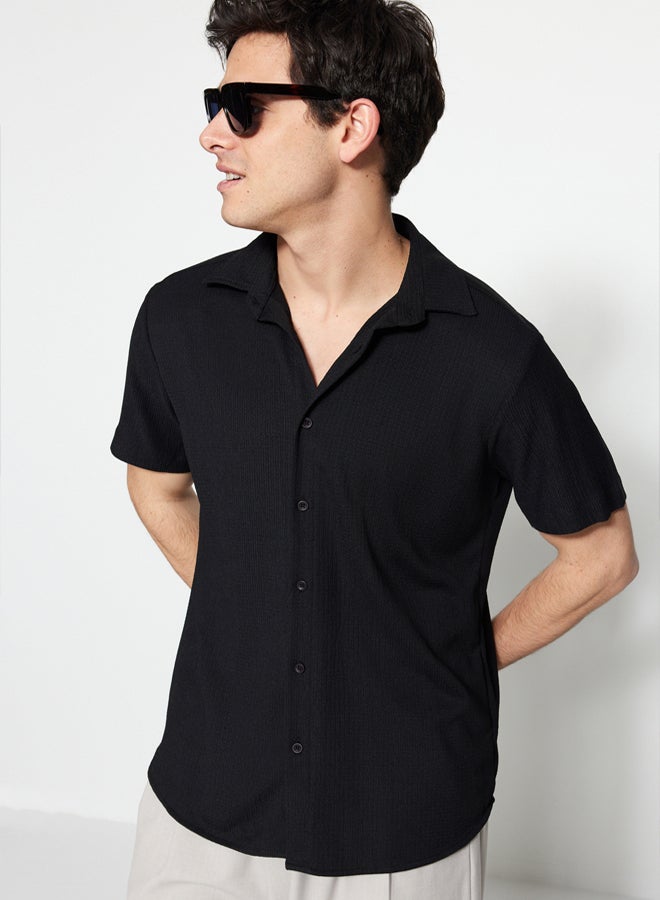 trendyol Black Regular Fit Short Sleeve Summer Textured Crepe Knit Shirt - Image 3