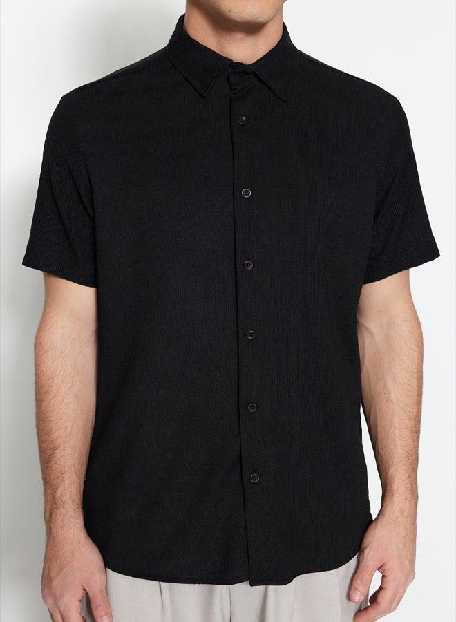 trendyol Black Regular Fit Short Sleeve Summer Textured Crepe Knit Shirt - Image 4