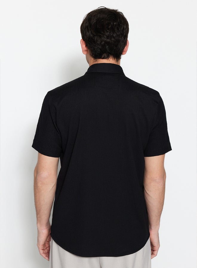 trendyol Black Regular Fit Short Sleeve Summer Textured Crepe Knit Shirt - Image 5