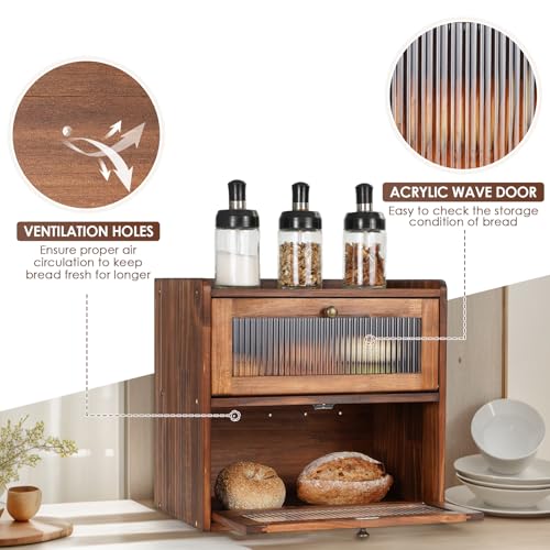 Sunhoo Bread Box for Kitchen Countertop Wooden Bread Storage Container Bin 2 Layer Breadbox Holder Large Capacity Keeper Vintage Farmhouse Food Organizer Pantry Shelf Acrylic Window（Black） - Image 5