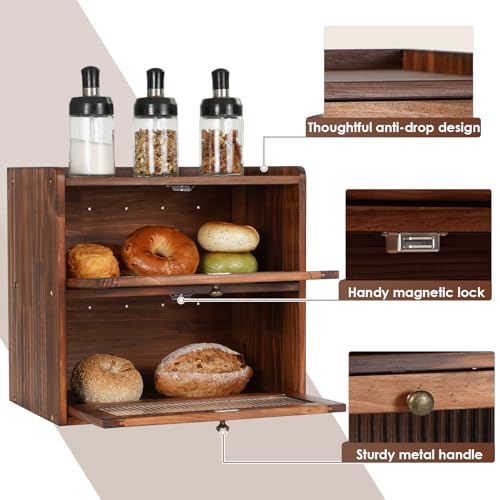 Sunhoo Bread Box for Kitchen Countertop Wooden Bread Storage Container Bin 2 Layer Breadbox Holder Large Capacity Keeper Vintage Farmhouse Food Organizer Pantry Shelf Acrylic Window（Black） - Image 4