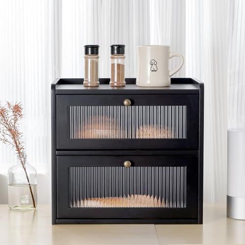 Sunhoo Bread Box for Kitchen Countertop Wooden Bread Storage Container Bin 2 Layer Breadbox Holder Large Capacity Keeper Vintage Farmhouse Food Organizer Pantry Shelf Acrylic Window（Black） - Image 3