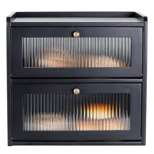 Sunhoo Bread Box for Kitchen Countertop Wooden Bread Storage Container Bin 2 Layer Breadbox Holder Large Capacity Keeper Vintage Farmhouse Food Organizer Pantry Shelf Acrylic Window（Black） - Image 1