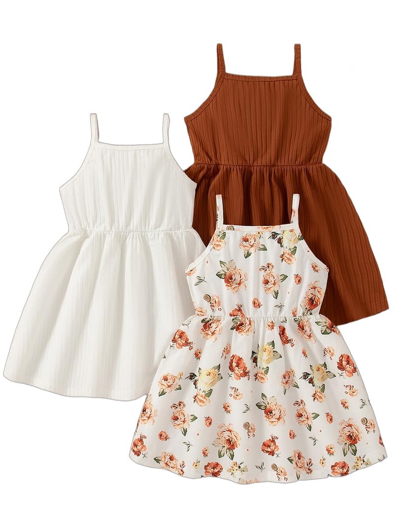 VARMILO Girls Dresses Toddler Girls Dress 3-Pack Summer Casual Party Print Skater Dress Sundress Size 2-3Years Brown - Image 3