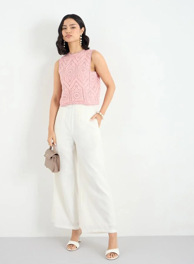 Styli Styli Pink Sleeveless Schiffli Blouse