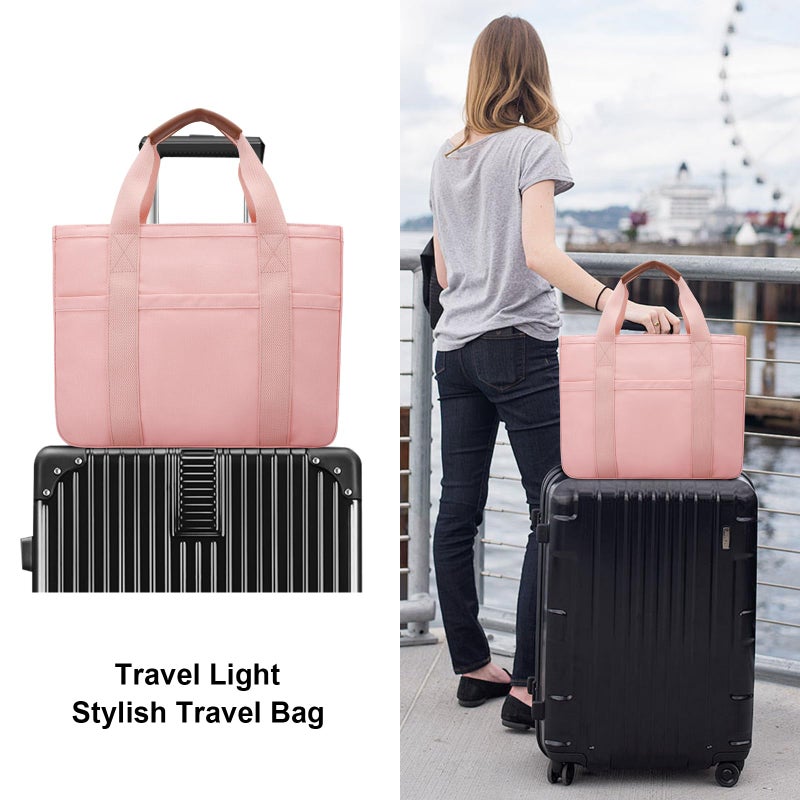 KKXIU Oversize Canvas Tote Bag for Women with Zipper and Compartments - Pink - Image 2