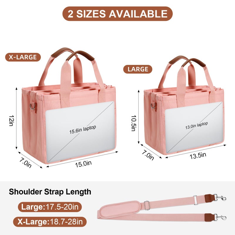 KKXIU Oversize Canvas Tote Bag for Women with Zipper and Compartments - Pink - Image 3