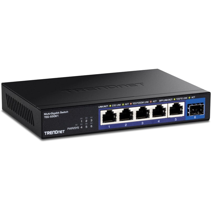 TRENDnet 6-Port Unmanaged 2.5G Switch with 10G SFP+Port, TEG-S5061, 5 x 2.5GBASE-T Ports, 45Gbps SwitchingCapacity, Fanless, Wall Mountable,Lifetime Protection,Black - Image 1