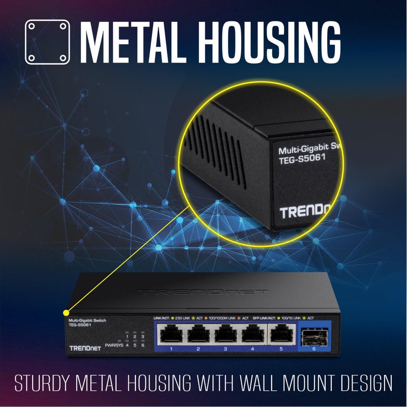 TRENDnet 6-Port Unmanaged 2.5G Switch with 10G SFP+Port, TEG-S5061, 5 x 2.5GBASE-T Ports, 45Gbps SwitchingCapacity, Fanless, Wall Mountable,Lifetime Protection,Black - Image 2