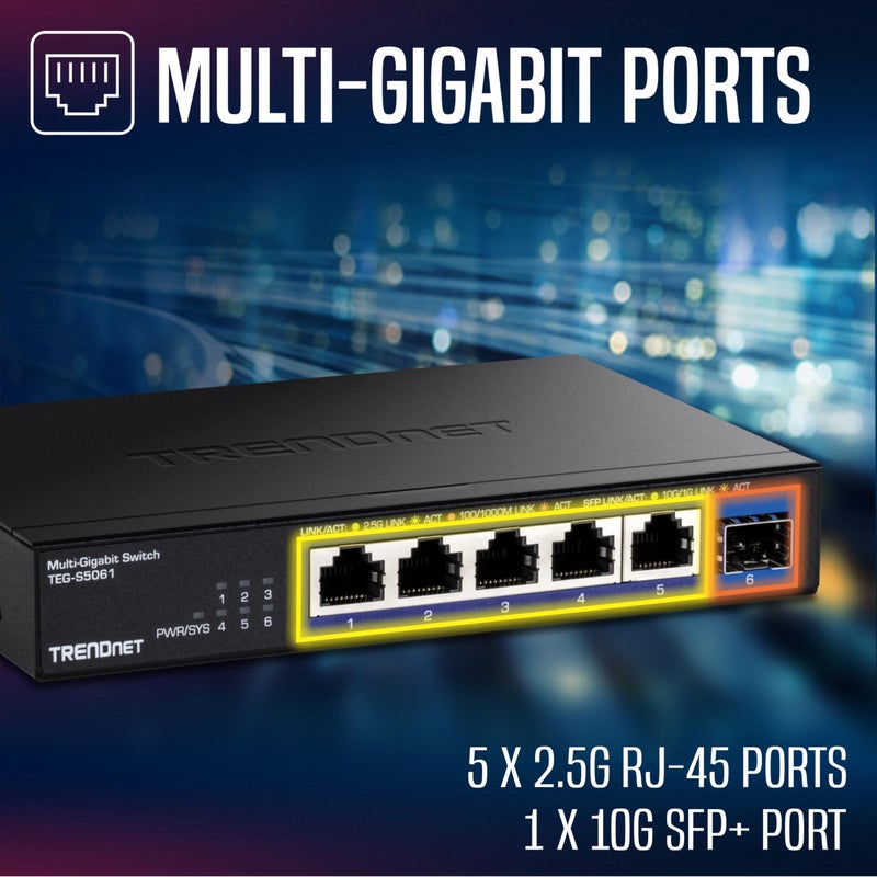TRENDnet 6-Port Unmanaged 2.5G Switch with 10G SFP+Port, TEG-S5061, 5 x 2.5GBASE-T Ports, 45Gbps SwitchingCapacity, Fanless, Wall Mountable,Lifetime Protection,Black - Image 3