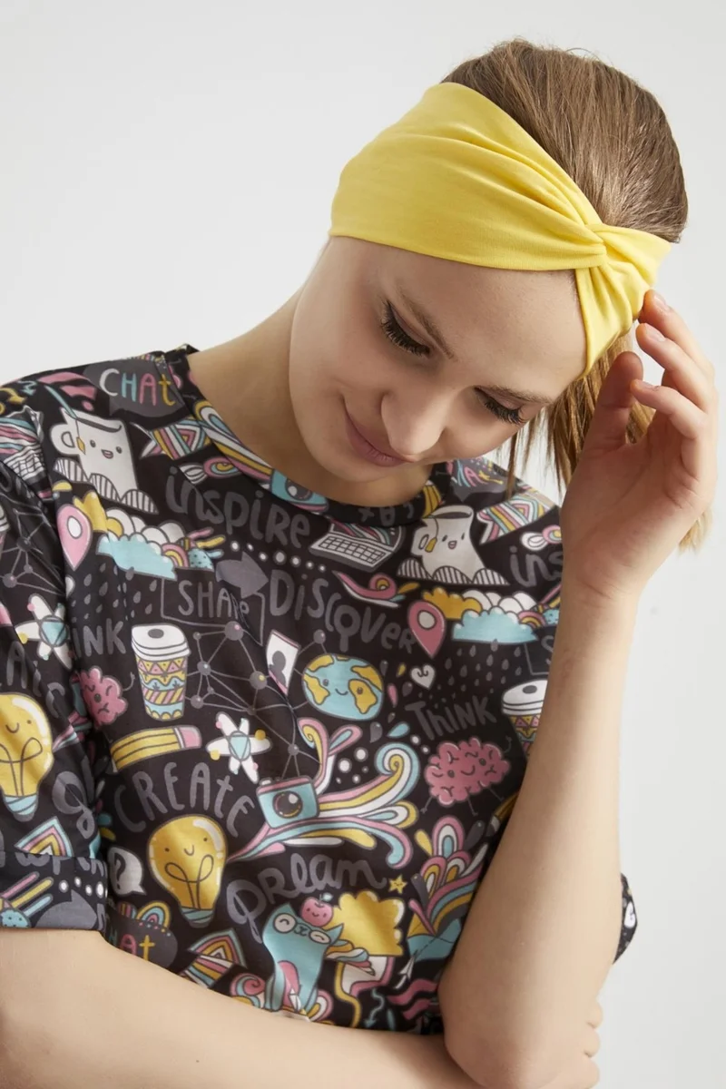 Butikgiz Living Yellow, Boutique Design Women's Bandana Hair Band, Extra Soft, Flexible, Natural, Combed Cotton