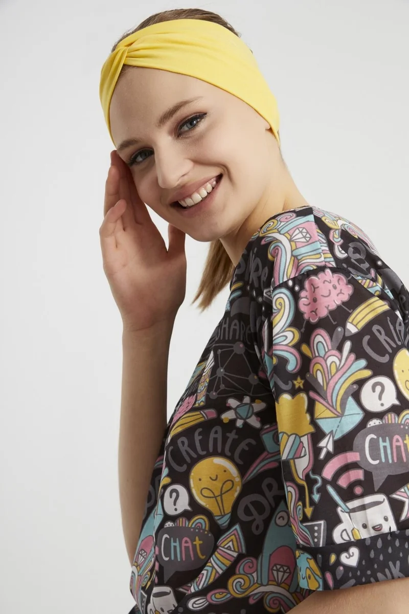 Butikgiz Living Yellow, Boutique Design Women's Bandana Hair Band, Extra Soft, Flexible, Natural, Combed Cotton