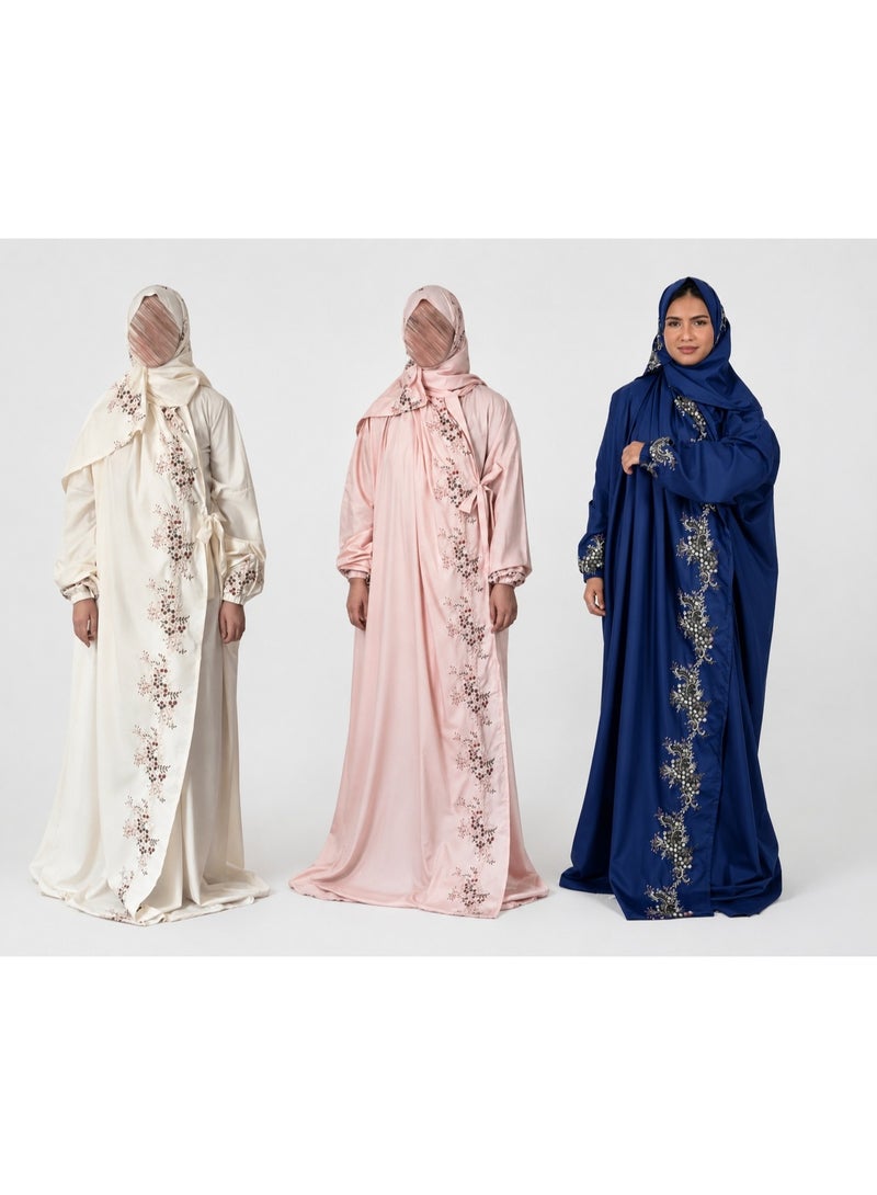 Set of 3 Embroidered Prayer Garments for Women – Three garments featuring elegant embroidery, soft and comfortable fabric, and high quality; available in various colors, suitable for daily use and gifting.
