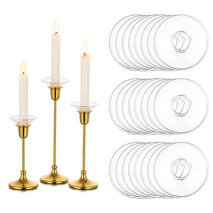 GLASS CANDLE DRIP PROTECTORS FOR CANDLE STICK HOLDER CLEAR BOBECHES FOR CHANDELIERS SET OF 24 ROUND BOBECHE CANDLE GUARDS FOR TAPER CANDLE HOLDER WAX CATCHERS FOR CANDLES DINING ROOM DECOR