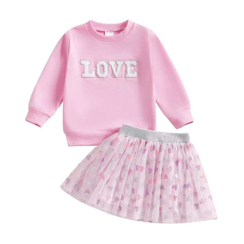 LAGKIYOJ Toddler Girls Valentineâ€™s Day Outfits Long Sleeve Letter Print/Embroidery Sweatshirt+Tulle Skirt Set Baby Clothes (Red Love, 12-18 Months) - Image 1