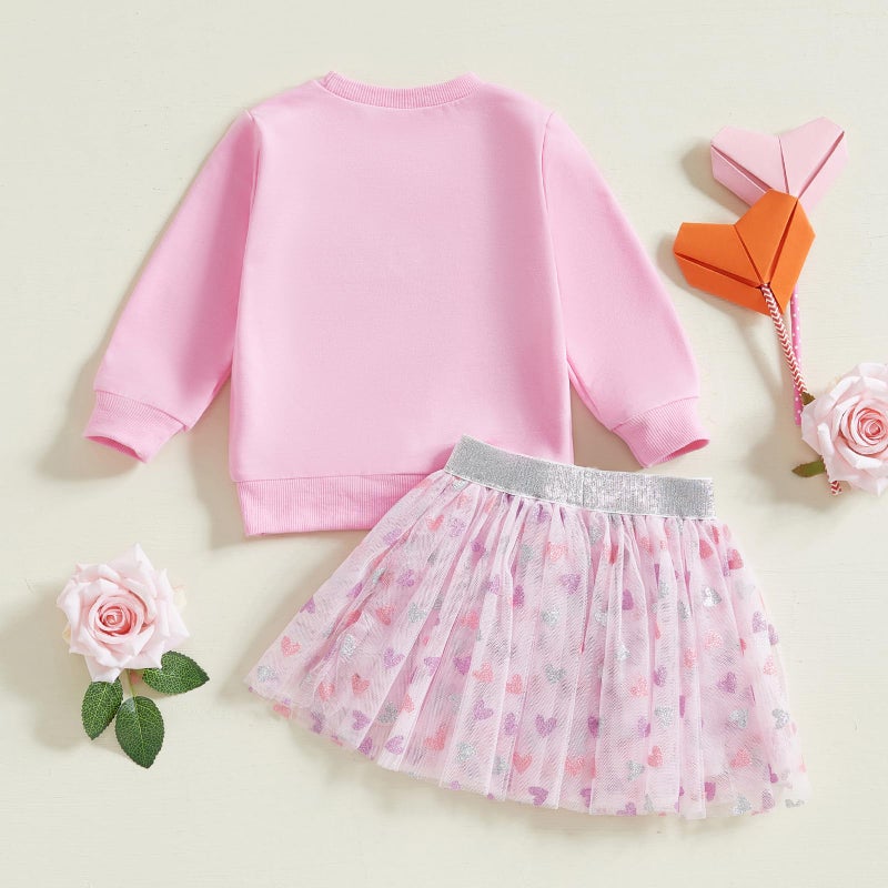 LAGKIYOJ Toddler Girls Valentineâ€™s Day Outfits Long Sleeve Letter Print/Embroidery Sweatshirt+Tulle Skirt Set Baby Clothes (Red Love, 12-18 Months) - Image 3