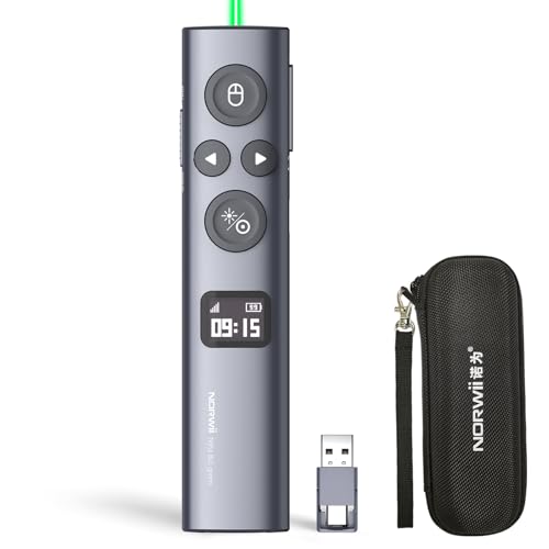 Norwii N95s BLE Presentation Clicker with Digital Pointer for PowerPoint Presentation on TV Screen and Projection Screen, Wireless Presenter Remote with Countdown Timer (Green Light-USB-AC) - Image 1
