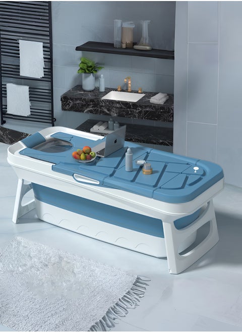 Foldable Bathtub for Adults and Kids, Portable Bathtub with Heat Preserving Cover, Comfortable Headrest and Foot Massage Rollers, Easy to Fold and Store, Perfect for Small Spaces - Blue