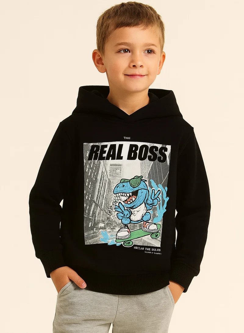 victor and jane Boys' Black Dino "REAL BOSS" Graphic Hoodie