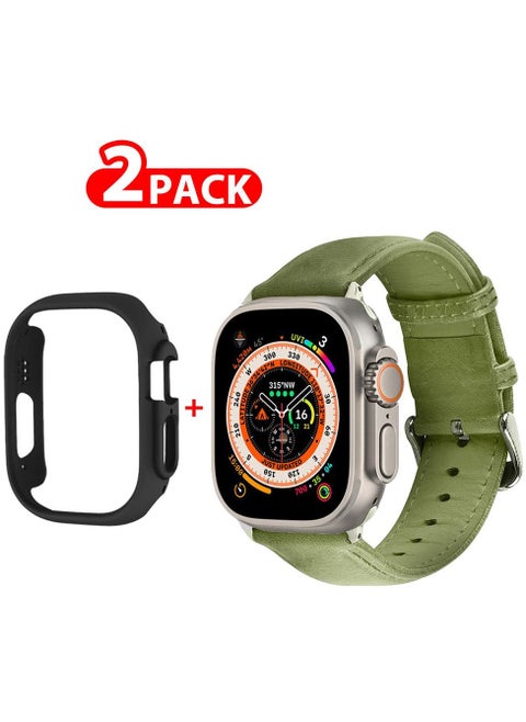 2 Packs For Apple Watch Band 49mm Leather Band Buckle Strap Wristband and Black Cup Holder Olive Green