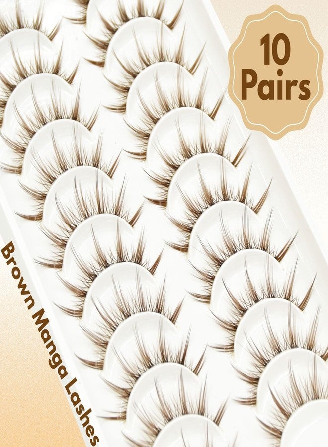 AUGENLI 10 Pairs Brown False Lashes Extension Tools Clear band Wispy Japanese Anime Cosplay Natural Makeup Looking Party Eye Lashes - Image 5